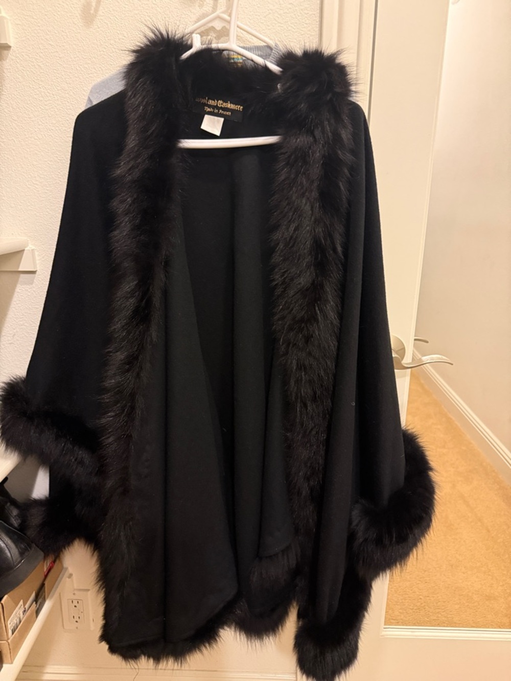Black Faux Fur Trim Cape